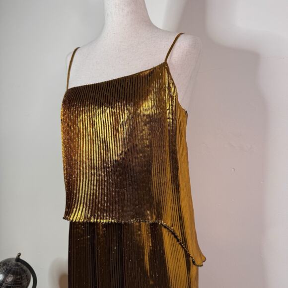 Cedric Charlier Gold Metallic Pleated Lamé Midi Dress Asymmetric Size 6 Goddess - Picture 3 of 15